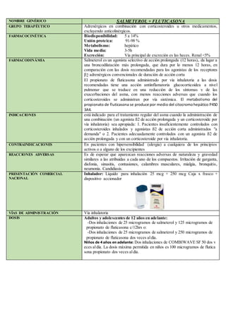 NOMBRE GENÉRICO SALMETEROL + FLUTICASONA
GRUPO TERAPÉUTICO Adrenérgicos en combinación con corticosteroides u otros medicamentos,
excluyendo anticolinérgicos.
FARMACOCINÉTICA Biodisponibilidad: 5 a 14%
Unión proteica: 91-98 %
Metabolismo: hepático
Vida media: 3-5h
Excreción: Vía principal de excreción es las heces. Renal <5%
FARMACODINÁMIA Salmeterol es un agonista selectivo de acción prolongada (12 horas),. da lugar a
una broncodilatación más prolongada, que dura por lo menos 12 horas, en
comparación con las dosis recomendadas para los agonistas de los receptores
β2 adrenérgicos convencionales de duración de acción corta
El propionato de fluticasona administrado por vía inhalatoria a las dosis
recomendadas tiene una acción antiinflamatoria glucocorticoidea a nivel
pulmonar que se traduce en una reducción de los síntomas y de las
exacerbaciones del asma, con menos reacciones adversas que cuando los
corticosteroides se administran por vía sistémica. El metabolismo del
propionato de fluticasona se produce por medio del citocromohepático P450
3A4.
INDICACIONES está indicado para el tratamiento regular del asma cuando la administración de
una combinación (un agonista ß2 de acción prolongada y un corticosteroide por
vía inhalatoria) sea apropiada: 1. Pacientes insuficientemente controlados con
corticosteroides inhalados y agonistas ß2 de acción corta administrados "a
demanda" o 2. Pacientes adecuadamente controlados con un agonista ß2 de
acción prolongada y con un corticosteroide por vía inhalatoria.
CONTRAINDICACIONES En pacientes con hipersensibilidad (alergia) a cualquiera de los principios
activos o a alguno de los excipientes
REACCIONES ADVERSAS Es de esperar que aparezcan reacciones adversas de naturaleza y gravedad
similares a las atribuidas a cada uno de los compuestos. Irritación de garganta,
disfonía, sinusitis, contusiones, calambres musculares, mialgia, bronquitis,
neumonía. Candidiasis.
PRESENTACIÓN COMERCIAL
NACIONAL
Inhalador: Líquido para inhalación 25 mcg + 250 mcg Caja x frasco +
dispositivo accionador
VÍAS DE ADMINISTRACIÓN Vía inhalatoria
DOSIS Adultos y adolescentes de 12 años en adelante:
-Dos inhalaciones de 25 microgramos de salmeterol y 125 microgramos de
propionato de fluticasona c/12hrs o:
-Dos inhalaciones de 25 microgramos de salmeterol y 250 microgramos de
propionato de fluticasona dos veces aldía.
Niños de 4 años en adelante: Dos inhalaciones de COMBIWAVE SF 50 dos v
eces aldía. La dosis máxima permitida en niños es 100 microgramos de flutica
sona propionato dos veces aldía.
 