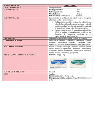 NOMBRE GENÉRICO DOXAZOSÍNA
GRUPO TERAPÉUTICO Antihipertensivos.
FARMACOCINÉTICA Biodisponibilidad: 65%
Unión a proteínas: 98%
Metabolismo: Hígado
Vida media de eliminación: 22 horas
FARMACODINÁMIA La doxazosina es un bloqueador selectivo de los receptores
adrenérgicos alfa-1 postsinápticos:
 En hiperplasia prostática benigna: La relajación del
músculo liso del cuello vesical, próstata y cápsula
prostática, reduce la resistencia uretral, la resistencia
al vaciamiento vesical y los síntomas urinarios.
 En hipertensión arterial: El antagonismo adrenérgico
alfa-1 se traduce en vasodilatación periférica, que
disminuye la resistencia periférica y, en
consecuencia, la presión arterial.
INDICACIONES Hipertensión arterial. Hiperplasia benigna de próstata.
CONTRAINDICACIONES Insuficiencia cardíaca. Pericarditis constrictiva. Embolia
pulmonar. Insuficiencia hepática. Disfunción renal.
Embarazo y lactancia. Hipersensibilidad a las quinazolinas.
REACCIONES ADVERSAS Mareo y vértigo; cefalalgia, disritmia cardíaca, disnea,
edema periférico, hipotensión ortostática, palpitaciones,
taquicardia, náusea, nerviosismo, sensación de cansancio,
rinorrea acuosa, somnolencia, priapismo.
PRESENTACIÓN COMERCIAL NACIONAL Tabletas: 2mg y 4 mg
VÍAS DE ADMINISTRACIÓN Vía oral.
DOSIS Adultos
Hipertensión: de 1 a 16 mg al día.
Hiperplasiaprostática benigna: 1 mg,administrado una vez
al día.
 