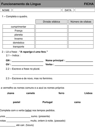 Funcionamento da Língua FICHA
NOME DATA
Divisão silábica Número de sílabas
cumprimentar
França
planeta
Inverno
doméstico
transporte
1 – Completa o quadro.
2 – Lê a frase : “A rapariga é uma fera.”
2.1 – Indica :
GN : _______________________
GV : _______________________
Nome principal : ____________________
Verbo : ____________________________
2.2 – Escreve a frase no plural.
2.3 – Escreve-a de novo, mas no feminino.
a a vermelho os nomes comuns e a azul os nomes próprios
Joana camelo ferro Lisboa
pastel Portugal cama
Completa com o verbo beber nos tempos pedidos.
unos __________________ sumo. (presente)
arotas _________________ muito, ontem à noite. (passado)
____________ até cair. (futuro)
 