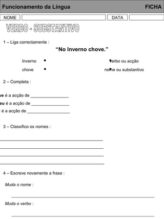 Funcionamento da Língua FICHA
NOME DATA
1 – Liga correctamente :
“No Inverno chove.”
Inverno
chove
verbo ou acção
nome ou substantivo
2 – Completa :
ve é a acção de ________________
eu é a acção de ________________
i é a acção de __________________
3 – Classifico os nomes :
____________________________________________
____________________________________________
____________________________________________
_____________________________________________
4 – Escreve novamente a frase :
Muda o nome :
Muda o verbo :
 