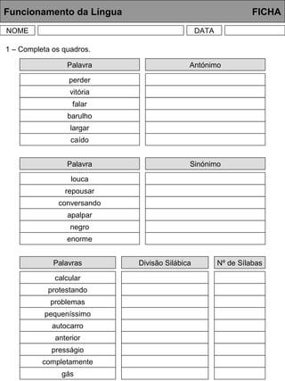 Funcionamento da Língua FICHA
NOME DATA
Palavra
perder
vitória
falar
barulho
largar
caído
1 – Completa os quadros.
Antónimo
Palavra
louca
repousar
conversando
apalpar
negro
enorme
Sinónimo
Palavras
calcular
protestando
problemas
pequeníssimo
autocarro
anterior
Divisão Silábica
presságio
completamente
gás
Nº de Sílabas
 