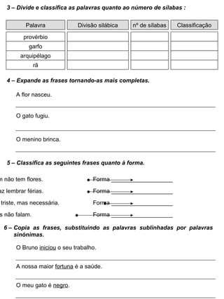 3 – Divide e classifica as palavras quanto ao número de sílabas :
Divisão silábica nº de sílabas
provérbio
garfo
arquipélago
rã
ClassificaçãoPalavra
4 – Expande as frases tornando-as mais completas.
A flor nasceu.
O gato fugiu.
O menino brinca.
5 – Classifica as seguintes frases quanto à forma.
m não tem flores. Forma ___________________
az lembrar férias. Forma ___________________
triste, mas necessária. Forma ___________________
s não falam. Forma ___________________
6 – Copia as frases, substituindo as palavras sublinhadas por palavras
sinónimas.
O Bruno iniciou o seu trabalho.
A nossa maior fortuna é a saúde.
O meu gato é negro.
 