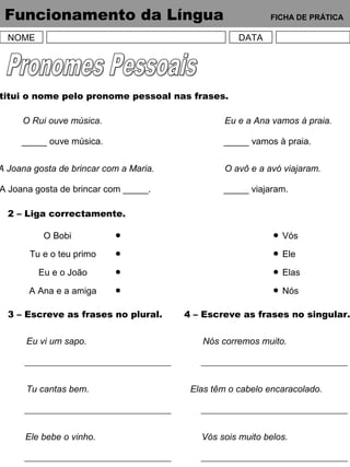 Funcionamento da Língua FICHA DE PRÁTICA
NOME DATA
titui o nome pelo pronome pessoal nas frases.
O Rui ouve música.
_____ ouve música.
Eu e a Ana vamos à praia.
_____ vamos à praia.
A Joana gosta de brincar com a Maria.
A Joana gosta de brincar com _____.
O avô e a avó viajaram.
_____ viajaram.
2 – Liga correctamente.
O Bobi
Tu e o teu primo
Eu e o João
A Ana e a amiga
Vós
Ele
Elas
Nós
3 – Escreve as frases no plural.
Eu vi um sapo.
Tu cantas bem.
Ele bebe o vinho.
4 – Escreve as frases no singular.
Nós corremos muito.
Elas têm o cabelo encaracolado.
Vós sois muito belos.
 