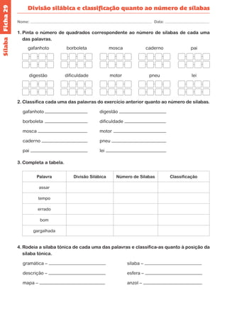 Ficha 29 
Nome: Data: 
Divisão silábica e classificação quanto ao número de sílabas 
Sílaba 
1. Pinta o número de quadrados correspondente ao número de sílabas de cada uma 
das palavras. 
gafanhoto 
digestão 
borboleta 
dificuldade 
mosca 
motor 
caderno 
pneu 
pai 
lei 
2. Classifica cada uma das palavras do exercício anterior quanto ao número de sílabas. 
gafanhoto digestão 
borboleta dificuldade 
mosca motor 
caderno pneu 
pai lei 
3. Completa a tabela. 
Palavra Divisão Silábica Número de Sílabas Classificação 
assar 
tempo 
errado 
bom 
gargalhada 
4. Rodeia a sílaba tónica de cada uma das palavras e classifica-as quanto à posição da 
sílaba tónica. 
gramática – sílaba – 
descrição – esfera – 
mapa – anzol – 
 