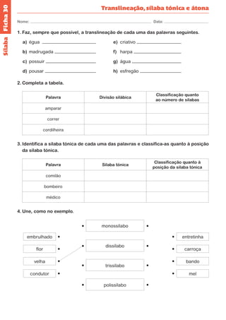 Ficha 30 
Nome: Data: 
Translineação, sílaba tónica e átona 
Sílaba 
1. Faz, sempre que possível, a translineação de cada uma das palavras seguintes. 
a) égua e) criativo 
b) madrugada f) harpa 
c) possuir g) água 
d) pousar h) esfregão 
2. Completa a tabela. 
Palavra Divisão silábica 
Classificação quanto 
ao número de sílabas 
amparar 
correr 
cordilheira 
3. Identifica a sílaba tónica de cada uma das palavras e classifica-as quanto à posição 
da sílaba tónica. 
Palavra Sílaba tónica 
Classificação quanto à 
posição da sílaba tónica 
comilão 
bombeiro 
médico 
4. Une, como no exemplo. 
dissílabo 
monossílabo 
trissílabo 
polissílabo 
flor carroça 
embrulhado entretinha 
velha bando 
condutor mel 
