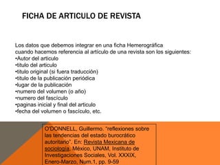 FICHA DE ARTICULO DE REVISTA

Los datos que debemos integrar en una ficha Hemerográfica
cuando hacemos referencia al artículo de una revista son los siguientes:
•Autor del articulo
•titulo del articulo
•titulo original (si fuera traducción)
•titulo de la publicación periódica
•lugar de la publicación
•numero del volumen (o año)
•numero del fascículo
•paginas inicial y final del articulo
•fecha del volumen o fascículo, etc.
O'DONNELL, Guillermo. “reflexiones sobre
las tendencias del estado burocrático
autoritario”. En: Revista Mexicana de
sociología, México, UNAM, Instituto de
Investigaciones Sociales, Vol. XXXIX,
Enero-Marzo, Num.1, pp. 9-59

 