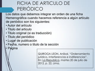 FICHA DE ARTICULO DE 
PERIÓDICO 
Los datos que debemos integrar en orden de una ficha 
Hemerográfica cuando hacemos referencia a algún artículo 
de periódico son los siguientes: 
• Autor del artículo 
• Titulo del articulo 
• Titulo original (si es traducción) 
• Titulo del periódico 
• Lugar de publicación 
• Fecha, numero o titulo de la sección 
• Pagina 
QUIROGA LEON, Aníbal. “Ordenamiento 
jurídico, interferencias e indiferencias”. 
En: La Republica, martes 20 de julio de 
2012, p. 22, Lima. 
 