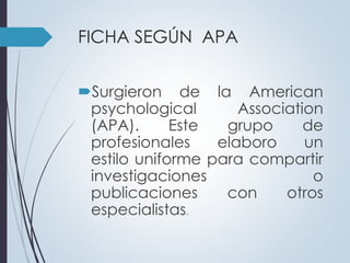 FICHA SEGÚN APA 
Surgieron de la American 
psychological Association 
(APA). Este grupo de 
profesionales elaboro un 
estilo uniforme para compartir 
investigaciones o 
publicaciones con otros 
especialistas. 
 
