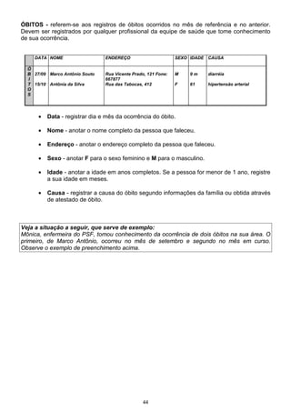 44
ÓBITOS - referem-se aos registros de óbitos ocorridos no mês de referência e no anterior.
Devem ser registrados por qualquer profissional da equipe de saúde que tome conhecimento
de sua ocorrência.
DATA NOME ENDEREÇO SEXO IDADE CAUSA
Ó
B
I
T
O
S
27/09
15/10
Marco Antônio Souto
Antônia da Silva
Rua Vicente Prado, 121 Fone:
667877
Rua das Tabocas, 412
M
F
9 m
61
diarréia
hipertensão arterial
• Data - registrar dia e mês da ocorrência do óbito.
• Nome - anotar o nome completo da pessoa que faleceu.
• Endereço - anotar o endereço completo da pessoa que faleceu.
• Sexo - anotar F para o sexo feminino e M para o masculino.
• Idade - anotar a idade em anos completos. Se a pessoa for menor de 1 ano, registre
a sua idade em meses.
• Causa - registrar a causa do óbito segundo informações da família ou obtida através
de atestado de óbito.
Veja a situação a seguir, que serve de exemplo:
Mônica, enfermeira do PSF, tomou conhecimento da ocorrência de dois óbitos na sua área. O
primeiro, de Marco Antônio, ocorreu no mês de setembro e segundo no mês em curso.
Observe o exemplo de preenchimento acima.
 