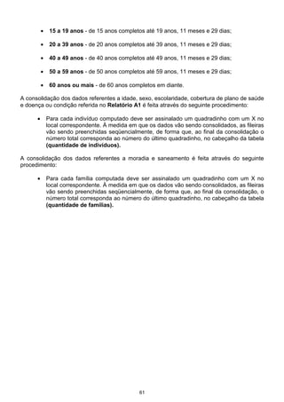 61
• 15 a 19 anos - de 15 anos completos até 19 anos, 11 meses e 29 dias;
• 20 a 39 anos - de 20 anos completos até 39 anos, 11 meses e 29 dias;
• 40 a 49 anos - de 40 anos completos até 49 anos, 11 meses e 29 dias;
• 50 a 59 anos - de 50 anos completos até 59 anos, 11 meses e 29 dias;
• 60 anos ou mais - de 60 anos completos em diante.
A consolidação dos dados referentes a idade, sexo, escolaridade, cobertura de plano de saúde
e doença ou condição referida no Relatório A1 é feita através do seguinte procedimento:
• Para cada indivíduo computado deve ser assinalado um quadradinho com um X no
local correspondente. À medida em que os dados vão sendo consolidados, as fileiras
vão sendo preenchidas seqüencialmente, de forma que, ao final da consolidação o
número total corresponda ao número do último quadradinho, no cabeçalho da tabela
(quantidade de indivíduos).
A consolidação dos dados referentes a moradia e saneamento é feita através do seguinte
procedimento:
• Para cada família computada deve ser assinalado um quadradinho com um X no
local correspondente. À medida em que os dados vão sendo consolidados, as fileiras
vão sendo preenchidas seqüencialmente, de forma que, ao final da consolidação, o
número total corresponda ao número do último quadradinho, no cabeçalho da tabela
(quantidade de famílias).
 