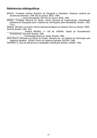 67
Referências bibliográficas
BRASIL. Fundação Instituto Brasileiro de Geografia e Estatística. Pesquisa nacional por
amostra de domicílios, 1996. Rio de Janeiro, IBGE, 1998.
______________ Censo demográfico,1991.Rio de Janeiro, IBGE, 1994.
BRASIL. Fundação Nacional de Saúde. Centro Nacional de Epidemiologia. Classificação
Brasileira de Ocupações para o Sistema de Informações sobre Mortalidade. Brasília, 1992.
110 p.
BRASIL. Ministério da Saúde. Norma Operacional Básica do Sistema Único de Saúde / NOB -
SUS 96. Brasília, 1997. 36 p.
_______________ Portaria MS/SAS, n.º 156 de 14/09/94. Tabela de Procedimentos
Ambulatoriais, SIA-SUS. Brasília, 1994.
________________Terminologia básica em saúde. Brasília, 1985.
SÃO PAULO. Secretaria de Saúde do Estado. Desenho de um Sistema de Informação para
Vigilância Sanitária - SIVISA. Centro de Vigilância Sanitária, SES/SP, 1996.
WERNER, D. Guia de deficiências e reabilitação simplificada. Brasília, CORDE, 1994.
 