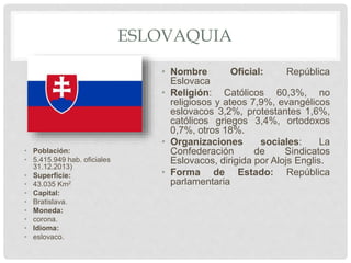 ESLOVAQUIA
• Población:
• 5.415.949 hab. oficiales
31.12.2013)
• Superficie:
• 43.035 Km2
• Capital:
• Bratislava.
• Moneda:
• corona.
• Idioma:
• eslovaco.
• Nombre Oficial: República
Eslovaca
• Religión: Católicos 60,3%, no
religiosos y ateos 7,9%, evangélicos
eslovacos 3,2%, protestantes 1,6%,
católicos griegos 3,4%, ortodoxos
0,7%, otros 18%.
• Organizaciones sociales: La
Confederación de Sindicatos
Eslovacos, dirigida por Alojs Englis.
• Forma de Estado: República
parlamentaria
 