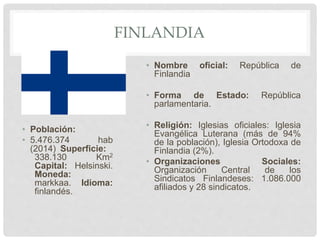 FINLANDIA
• Población:
• 5.476.374 hab
(2014) Superficie:
338.130 Km2
Capital: Helsinski.
Moneda:
markkaa. Idioma:
finlandés.
• Nombre oficial: República de
Finlandia
• Forma de Estado: República
parlamentaria.
• Religión: Iglesias oficiales: Iglesia
Evangélica Luterana (más de 94%
de la población), Iglesia Ortodoxa de
Finlandia (2%).
• Organizaciones Sociales:
Organización Central de los
Sindicatos Finlandeses: 1.086.000
afiliados y 28 sindicatos.
 