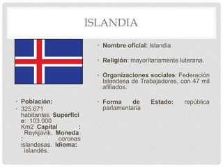 ISLANDIA
• Población:
• 325.671
habitantes Superfici
e: 103.000
Km2 Capital :
Reykjavik. Moneda
: coronas
islandesas. Idioma:
islandés.
• Nombre oficial: Islandia
• Religión: mayoritariamente luterana.
• Organizaciones sociales: Federación
Islandesa de Trabajadores, con 47 mil
afiliados.
• Forma de Estado: república
parlamentaria
 