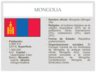 MONGOLIA
• Población:
2.969.314
(2014) Superficie:
• 1.565.000
Km2. Capital :
Ulaanbaatar (Ulan
Bator). Moneda:
tughrik. Idioma:
mongol khalkha.
• Nombre oficial: Mongolia (Mongol
Uls)
• Religión: el budismo tibetano es la
religión mayoritaria (53% de la
población). Otras: chamanismo
(2%), cristianismo (3%), islam
(3%).
• Forma de Estado: República
parlamentaria.
• Organizaciones sociales: El
Consejo Central de los Sindicatos
de Mongolia, la antigua central
oficial; Mongolia Azul, nueva
central vinculada a la Unión
Democrática de Mongolia;
Confederación Mongola de
Sindicatos Libres.
 