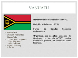 VANUATU
• Población:
• 262.000 habitantes
• Superficie:
• 12.190 Km2. Capital :
Vila. Moneda:
vatu. Idioma:
• inglés bislama y
francés.
Nombre oficial: República de Vanuatu.
Religión: Cristianismo (83%).
Forma de Estado: República
parlamentaria.
Organizaciones sociales: Congreso de
Sindicatos de Vanuatu (VTUC), nuclea
numerosos gremios de diferentes áreas
laborales.
 