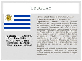 URUGUAY
• Población: 3.163.000
(1994). Superficie:
• 177.410 Km2. Capital :
Montevideo. Moneda:
peso. Idioma: español.
• Nombre oficial: República Oriental del Uruguay.
• División administrativa: 19 departamentos.
• Organizaciones sociales: PIT-CNT (Plenario
Intersindical de Trabajadores-Convención Nacional
de Trabajadores) es la central que agrupa a todos
los sindicatos importantes del país. FUCVAM
(Federación Uruguaya de Construcción de Viviendas
por Ayuda Mutua). Los estudiantes de enseñanza
pública se agrupan en la Federación de Estudiantes
Universitarios (FEUU) y también existen
organizaciones grremiales de los estudiantes
secundarios. La Asociación Nacional de Jubilados
reúne a los jubilados de todo el país. Existen varias
asociaciones de mujeres que luchan por sus
derechos.
• Religión: Gran parte de la población no practica una
religión determinada. Del resto, la mayoría es
católica. También se practican creencias de origen
afro-brasileño.
 