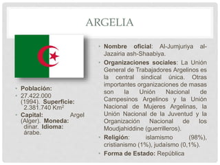 ARGELIA
• Población:
• 27.422.000
(1994). Superficie:
2.381.740 Km2
• Capital: Argel
(Alger). Moneda:
dinar. Idioma:
árabe.
• Nombre oficial: Al-Jumjuriya al-
Jazairia ash-Shaabiya.
• Organizaciones sociales: La Unión
General de Trabajadores Argelinos es
la central sindical única. Otras
importantes organizaciones de masas
son la Unión Nacional de
Campesinos Argelinos y la Unión
Nacional de Mujeres Argelinas, la
Unión Nacional de la Juventud y la
Organización Nacional de los
Moudjahiddine (guerrilleros).
• Religión: islamismo (98%),
cristianismo (1%), judaísmo (0,1%).
• Forma de Estado: República
 