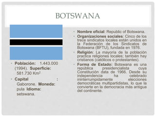 BOTSWANA
• Población: 1.443.000
(1994). Superficie:
581.730 Km2
• Capital :
Gaborone. Moneda:
pula Idioma:
setswana.
• Nombre oficial: Republic of Botswana.
• Organizaciones sociales: Cinco de los
trece sindicatos locales están unidos en
la Federación de los Sindicatos de
Botswana (BFTU), fundada en 1976.
• Religión: La mayoría de la población
practica religiones locales; también hay
cristianos (católicos o protestantes).
• Forma de Estado: Botswana es una
república presidencialista cuya
Constitución data de 1966. Desde su
independencia ha celebrado
ininterrumpidamente elecciones
democráticas multipartidistas, lo que la
convierte en la democracia más antigua
del continente.
 