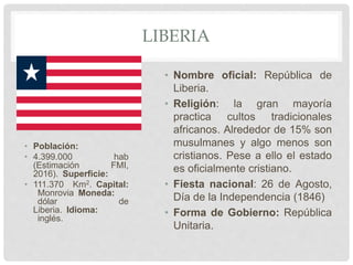 LIBERIA
• Población:
• 4.399.000 hab
(Estimación FMI,
2016). Superficie:
• 111.370 Km2. Capital:
Monrovia Moneda:
dólar de
Liberia. Idioma:
inglés.
• Nombre oficial: República de
Liberia.
• Religión: la gran mayoría
practica cultos tradicionales
africanos. Alrededor de 15% son
musulmanes y algo menos son
cristianos. Pese a ello el estado
es oficialmente cristiano.
• Fiesta nacional: 26 de Agosto,
Día de la Independencia (1846)
• Forma de Gobierno: República
Unitaria.
 