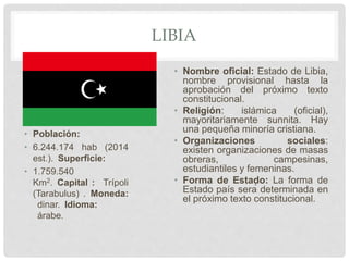 LIBIA
• Población:
• 6.244.174 hab (2014
est.). Superficie:
• 1.759.540
Km2. Capital : Trípoli
(Tarabulus) . Moneda:
dinar. Idioma:
árabe.
• Nombre oficial: Estado de Libia,
nombre provisional hasta la
aprobación del próximo texto
constitucional.
• Religión: islámica (oficial),
mayoritariamente sunnita. Hay
una pequeña minoría cristiana.
• Organizaciones sociales:
existen organizaciones de masas
obreras, campesinas,
estudiantiles y femeninas.
• Forma de Estado: La forma de
Estado país será determinada en
el próximo texto constitucional.
 