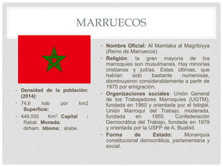 MARRUECOS
• Densidad de la población:
(2014):
• 74,6 hab por km2
Superficie:
• 446.550 Km2. Capital :
Rabat. Moneda:
dirham. Idioma: árabe.
• Nombre Oficial: Al Mamlaka al Magribiyya
(Reino de Marruecos)
• Religión: la gran mayoría de los
marroquíes son musulmanes. Hay minorías
cristianas y judías. Estas últimas, que
habían sido bastante numerosas,
disminuyeron considerablemente a partir de
1975 por emigración.
• Organizaciones sociales: Unión General
de los Trabajadores Marroquíes (UGTM),
fundada en 1960 y orientada por el Istiqlal.
Unión Marroquí del Trabajo, moderada,
fundada en 1955. Confederación
Democrática del Trabajo, fundada en 1979
y orientada por la USFP de A. Buabid.
• Forma de Estado: Monarquía
constitucional democrática, parlamentaria y
social.
 