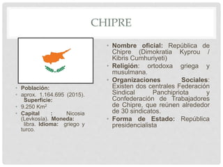 CHIPRE
• Población:
• aprox. 1.164.695 (2015).
Superficie:
• 9.250 Km2
• Capital : Nicosia
(Levkosía). Moneda:
libra. Idioma: griego y
turco.
• Nombre oficial: República de
Chipre (Dimokratia Kyprou /
Kibris Cumhuriyeti)
• Religión: ortodoxa griega y
musulmana.
• Organizaciones Sociales:
Existen dos centrales Federación
Sindical Panchipriota y
Confederación de Trabajadores
de Chipre, que reúnen alrededor
de 30 sindicatos.
• Forma de Estado: República
presidencialista
 