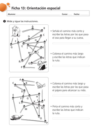 Alumno: Curso: Fecha:
Ficha 13: Orientación espacial
Mide y sigue las instrucciones.1
Señala el camino más corto y
escribe las letras por las que pasa
el oso para llegar a su cueva.
Colorea el camino más largo
y escribe las letras que indican
la ruta.
Colorea el camino más largo y
escribe las letras por las que pasa
el pájaro para alcanzar su nido.
Pinta el camino más corto y
escribe las letras que indican
la ruta.
A
B
C
D
F
G E
I
H J
K
LM
Ñ
P
O
N
A
BC
D
E
F G
H
L
K
J I
M
N Ñ
P
O
 