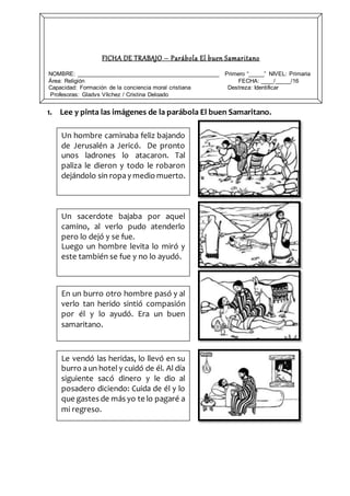1. Lee y pinta las imágenes de la parábola El buen Samaritano.
FICHA DE TRABAJO – Parábola El buen Samaritano
NOMBRE: ____________________________________________ Primero “_____” NIVEL: Primaria
Área: Religión FECHA: ____/_____/16
Capacidad: Formación de la conciencia moral cristiana Destreza: Identificar
Profesoras: Gladys Vílchez / Cristina Delgado
Un hombre caminaba feliz bajando
de Jerusalén a Jericó. De pronto
unos ladrones lo atacaron. Tal
paliza le dieron y todo le robaron
dejándolo sin ropay medio muerto.
Un sacerdote bajaba por aquel
camino, al verlo pudo atenderlo
pero lo dejó y se fue.
Luego un hombre levita lo miró y
este también se fue y no lo ayudó.
En un burro otro hombre pasó y al
verlo tan herido sintió compasión
por él y lo ayudó. Era un buen
samaritano.
Le vendó las heridas, lo llevó en su
burro aun hotel y cuidó de él. Al día
siguiente sacó dinero y le dio al
posadero diciendo: Cuida de él y lo
que gastes de más yo te lo pagaré a
mi regreso.
 