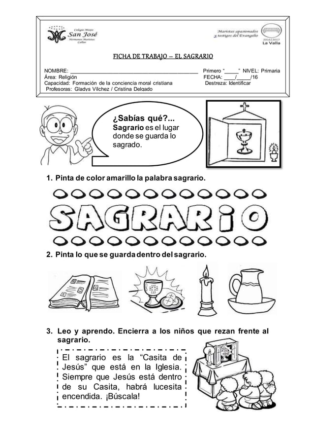 FICHAS DE RELIGIÓN PRIMER GRADO