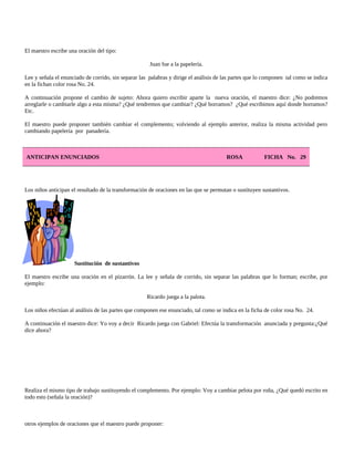 El maestro escribe una oración del tipo:
Juan fue a la papelería.
Lee y señala el enunciado de corrido, sin separar las palabras y dirige el análisis de las partes que lo componen tal como se indica
en la fichan color rosa No. 24.
A continuación propone el cambio de sujeto: Ahora quiero escribir aparte la nueva oración, el maestro dice: ¿No podremos
arreglarle o cambiarle algo a esta misma? ¿Qué tendremos que cambiar? ¿Qué borramos? ¿Qué escribimos aquí donde borramos?
Etc.
El maestro puede proponer también cambiar el complemento; volviendo al ejemplo anterior, realiza la misma actividad pero
cambiando papelería por panadería.
ANTICIPAN ENUNCIADOS ROSA FICHA No. 29
Los niños anticipan el resultado de la transformación de oraciones en las que se permutan o sustituyen sustantivos.
Sustitución de sustantivos
El maestro escribe una oración en el pizarrón. La lee y señala de corrido, sin separar las palabras que lo forman; escribe, por
ejemplo:
Ricardo juega a la palota.
Los niños efectúan al análisis de las partes que componen ese enunciado, tal como se indica en la ficha de color rosa No. 24.
A continuación el maestro dice: Yo voy a decir Ricardo juega con Gabriel: Efectúa la transformación anunciada y pregunta:¿Qué
dice ahora?
Realiza el mismo tipo de trabajo sustituyendo el complemento. Por ejemplo: Voy a cambiar pelota por roña, ¿Qué quedó escrito en
todo esto (señala la oración)?
otros ejemplos de oraciones que el maestro puede proponer:
 