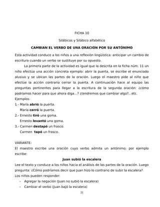 FICHA 10
Silábicos y Silábico alfabético
CAMBIAN EL VERBO DE UNA ORACIÓN POR SU ANTÓNIMO
Esta actividad conduce a los niños a una reflexión lingüística: anticipar un cambio de
escritura cuando un verbo se sustituye por su opuesto.
La primera parte de la actividad es igual que la descrita en la ficha núm. 11 un
niño efectúa una acción concreta ejemplo: abrir la puerta, se escribe el enunciado
alusivo y se ubican las partes de la oración. Luego el maestro pide al niño que
efectúe la acción contraria cerrar la puerta. A continuación hace al equipo las
preguntas pertinentes para llegar a la escritura de la segunda oración: ¿cómo
podríamos hacer para que ahora diga…? ¿tendremos que cambiar algo?...etc.
Ejemplos:
1.- María abrió la puerta.
María cerró la puerta.
2.- Ernesto tiró una goma.
Ernesto levantó una goma.
3.- Carmen destapó un frasco.
Carmen tapó un frasco.
VARIANTE:
El maestro escribe una oración cuyo verbo admita un antónimo; por ejemplo
escribe:
Juan subió la escalera
Lee el texto y conduce a los niños hacia el análisis de las partes de la oración. Luego
pregunta: ¿Cómo podríamos decir que Juan hizo lo contrario de subir la escalera?
Los niños pueden responder:
- Agregar la negación (Juan no subió la escalera)
- Cambiar el verbo (Juan bajó la escalera)
31
 