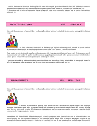 Cuando el material se ha reunido el maestro pide a los niños lo clasifiquen, guardándolo en botes, cajas, etc. permite que los niños
busquen criterios para clasificar y que descubran o coloquen etiquetas con el nombre de los objetos que contiene cada caja.
Es importante que los niños se sientan en libertad de escribir estos textos como ellos puedan, que se ayuden, intercambien
opiniones, etc,
HACEN CONSTRUCCIONES ROSA FICHA No 5
Estas actividades promueven la creatividad y conducen a los niños a valorar el resultado de la cooperación que surge del trabajo en
equipo.
Los niños traen de su casa material de desecho (cajas, popotes, envase de plástico, botones, etc.); Este material
se junta y reparte a los equipos. El maestro proporciona además tijeras, cinta adhesiva, cartulina y pegamento.
Cada equipo se pone de acuerdo para hacer alguna construcción (una casa, un edificio, un barco, etc.). Es importante que el
maestro enfatice la necesidad de que los miembros de cada equipo lleguen a un acuerdo sobre que van a construir, como lo harán y
la tarea que loa corresponde a cada uno para efectuar ese trabajo en común.
Cuando han terminado, el maestro analiza con los niños cómo se han realizado el trabajo, promoviendo un diálogo que lleva a la
reflexión acerca de si todos participaron, qué hicieron, cómo se organizaron, qué hizo cada uno, etc.
DIBUJAN UN CUENTO ROSA FICHA No. 6
Estas actividades promueven la creatividad y conducen a los niños a valorar el resultado de la cooperación que surge del trabajo en
equipo.
El maestro lee un cuento al grupo y luego proporciona una cartulina a cada equipo. Explica: En el equipo
tienen que ponerse de acuerdo sobre lo que va a dibujar cada niño para hacer un dibujo de todo el cuento. Por ejemplo, si se ha
leído “Los tres osos”, en la cartulina deberán aparecer barias escenas que lo resuman y no muchos osos porque cada niño dibujó
por separado los tres personajes del cuento.
Posiblemente esta tarea resulta al principio difícil para los niños, puesto que están habituados a actuar en forma individual. Por
tanto el maestro, una vez terminado el trabajo, les hará preguntas que los oriente sobre los aspectos acertados y erróneos de esa
actividad. ¿Trabajaron todos los equipos?, ¿”Qué se ve en ese dibujo? En caso de que, por ejemplo, el resultado sea el dibujo de 12
 