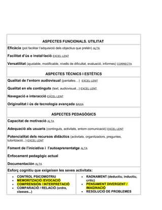 ASPECTES FUNCIONALS. UTILITAT
Eficàcia (pot facilitar l’adquisició dels objectius que pretén)   ALTA

Facilitat d’ús e instal·lació EXCEL·LENT

Versatilitat (ajustable, modificable, nivells de dificultat, evaluació, informes) CORRECTA

                              ASPECTES TÈCNICS I ESTÈTICS
Qualitat de l’entorn audiovisual (pantalles…)          EXCEL·LENT

Qualitat en els continguts (text, audiovisual...) EXCEL·LENT

Navegació e interacció EXCEL·LENT

Originalitat i ús de tecnologia avançada          BAIXA


                                ASPECTES PEDAGÒGICS
Capacitat de motivació ALTA

Adequació als usuaris (continguts, activitats, entorn comunicació) EXCEL·LENT

Potencialitat dels recursos didàctics (activitats, organitzadors, preguntes,
tutorització...) EXCEL·LENT

Foment de l’iniciativa i l’autoaprenentatge           ALTA

Enfocament pedagògic actual

Documentación ALTA
Esforç cognitiu que exigeixen les seves activitats:
   •   CONTROL PSICOMOTRIU                             •   RAONAMENT (deductiu, inductiu,
   •   MEMORITZACIÓ /EVOCACIÓ                              crític)
   •   COMPRENSIÓN / INTERPRETACIÓ                     •   PENSAMENT DIVERGENT /
   •   COMPARACIÓ / RELACIÓ (ordre,                        IMAGINACIÓ
       classes...)                                     •   RESOLUCIÓ DE PROBLEMES
 