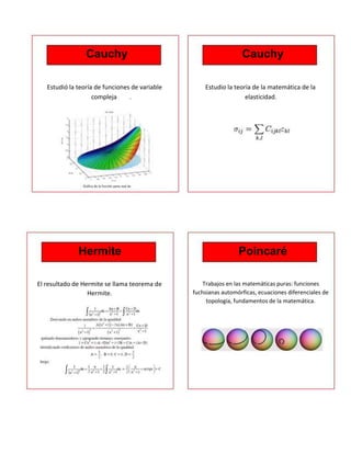 Cauchy                                           Cauchy

   Estudió la teoría de funciones de variable       Estudio la teoría de la matemática de la
                    compleja     .                                 elasticidad.




              Hermite                                            Poincaré

El resultado de Hermite se llama teorema de         Trabajos en las matemáticas puras: funciones
                  Hermite.                      fuchsianas automórficas, ecuaciones diferenciales de
                                                     topología, fundamentos de la matemática.
 