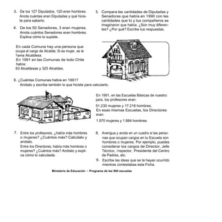 3. De los 127 Diputados, 120 eran hombres.           5. Compara las cantidades de Diputadas y
   Anota cuántas eran Diputadas y qué hicis-            Senadoras que había en 1990 con las
   te para saberlo.                                     cantidades que tú y tus compañeros se
                                                        imaginaron que había. ¿Son muy diferen-
4. De los 50 Senadores, 3 eran mujeres.                 tes? ¿Por qué? Escribe tus respuestas.
   Anota cuántos Senadores eran hombres.
   Explica cómo lo supiste.

 En cada Comuna hay una persona que
 ocupa el cargo de Alcalde; Si es mujer, se le
 ll ama Alcaldesa.
 En 1991 en las Comunas de todo Chile
 había:
 63 Alcaldesas y 325 Alcaldes.


6. ¿Cuántas Comunas había en 1991?
    Anótalo y escribe también lo que hiciste para calcularlo.

                                                     En 1991, en las Escuelas Básicas de nuestro
                                                     país, los profesores eran:
                                                     51.230 mujeres y 17.216 hombres.
                                                     En esas mismas Escuelas, los Directores
                                                     eran:
                                                     1.970 mujeres y 1.884 hombres.


7. Entre los profesores, ¿había más hombres          8. Averigua y anota en un cuadro si las perso-
   o mujeres? ¿Cuántos más? Calcúlalo y                 nas que ocupan cargos en tu Escuela son
   anótalo.                                             hombres o mujeres. Por ejemplo, puedes
   Entre los Directores, había más hombres o            considerar los cargos de Director, Jefe
   mujeres? ¿Cuántos más? Anótalo y expli-              Técnico, I nspector, Presidente del Centro
   ca cómo lo calculaste.                               de Padres, etc.
                                                     9. Escribe las ideas que se te hayan ocurrido
                                                        mientras contestabas esta Ficha.
                        Ministerio de Educación • Programa de las 900 escuelas
 