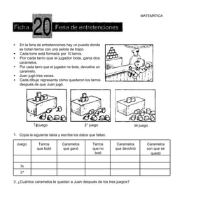 MATEMÁTICA




•    En la feria de entretenciones hay un puesto donde
     se botan tarros con una pelota de trapo.
•    Cada torre está formada por 10 tarros.
•    Por cada tarro que el jugador bote, gana dos
     caramelos.
•    Por cada tarro que el jugador no bote, devuelve un
     caramelo.
•    Juan jugó tres veces.
•    Cada dibujo representa cómo quedaron los tarros
     después de que Juan jugó.




             1, juego
              a                              2° juego                    3K juego

1. Copia la siguiente tabla y escribe los datos que faltan.

    Juego       Tarros         Caramelos          Tarros       Caramelos        Caramelos
               que botó        que ganó           que no      que devolvió      con que se
                                                   botó                           quedó


     2s
     3*

3. ¿Cuántos caramelos le quedan a Juan después de los tres juegos?
 