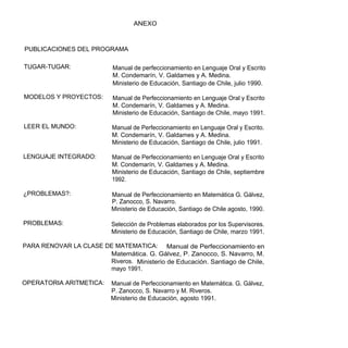 ANEXO



PUBLICACIONES DEL PROGRAMA

TUGAR-TUGAR:               Manual de perfeccionamiento en Lenguaje Oral y Escrito
                           M. Condemarín, V. Galdames y A. Medina.
                           Ministerio de Educación, Santiago de Chile, julio 1990.

MODELOS Y PROYECTOS:       Manual de Perfeccionamiento en Lenguaje Oral y Escrito
                           M. Condemarín, V. Galdames y A. Medina.
                           Ministerio de Educación, Santiago de Chile, mayo 1991.

LEER EL MUNDO:             Manual de Perfeccionamiento en Lenguaje Oral y Escrito.
                           M. Condemarín, V. Galdames y A. Medina.
                           Ministerio de Educación, Santiago de Chile, julio 1991.

LENGUAJE INTEGRADO:        Manual de Perfeccionamiento en Lenguaje Oral y Escrito
                           M. Condemarín, V. Galdames y A. Medina.
                           Ministerio de Educación, Santiago de Chile, septiembre
                           1992.

¿PROBLEMAS?:               Manual de Perfeccionamiento en Matemática G. Gálvez,
                           P. Zanocco, S. Navarro.
                           Ministerio de Educación, Santiago de Chile agosto, 1990.

PROBLEMAS:                 Selección de Problemas elaborados por los Supervisores.
                           Ministerio de Educación, Santiago de Chile, marzo 1991.

PARA RENOVAR LA CLASE DE MATEMATICA: Manual de Perfeccionamiento en
                       Matemática. G. Gálvez, P. Zanocco, S. Navarro, M.
                       Riveros. Ministerio de Educación. Santiago de Chile,
                       mayo 1991.

OPERATORIA ARITMETICA:     Manual de Perfeccionamiento en Matemática. G. Gálvez,
                           P. Zanocco, S. Navarro y M. Riveros.
                           Ministerio de Educación, agosto 1991.
 