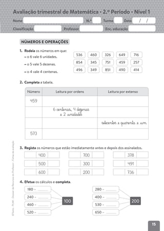 15
Avaliação trimestral de Matemática • 2.º Período • Nível 1
Nome N.º Turma Data
Classificação Professor Enc. educação
©Texto
.
PLIM!
.
Dossier
de
Recursos
do
Professor
.
Fichas
de
avaliação
NÚMEROS E OPERAÇÕES
1. Rodeia os números em que:
o 6 vale 6 unidades.
536 460 326 649 716
o 5 vale 5 dezenas.
854 345 751 459 257
o 4 vale 4 centenas.
496 349 851 490 414
2. Completa a tabela.
3. Regista os números que estão imediatamente antes e depois dos assinalados.
400 700 378
500 300 491
600 200 736
4. Efetua os cálculos e completa.
Número Leitura por ordens Leitura por extenso
459
6 ce§n§te§na§s, 4 de§ze§na§ß
£e 2 £§u§n§idade§ß
§se§tece§n§toß £e q§ua§re§n§ta £e £§u§m
573
100
180 –
240 –
460 –
520 –
200
280 –
400 –
530 –
650 –
 