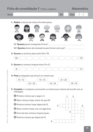 71
Nome N.º Data
Matemática
Ficha de consolidação 7 • Pares e ímpares
©Texto
.
PLIM!
.
Dossier
de
Recursos
do
Professor
.
Matemática
.
Fichas
de
consolidação
1. Rodeia os alunos de modo a formares pares.
1.1 Quantos pares conseguiste formar?
1.2 Quantos alunos são necessários para formar outro par?
2. Escreve os números pares entre 50 e 70.
50 70
3. Escreve os números ímpares entre 31 e 51.
31 51
4. Pinta as etiquetas cuja soma é um número par.
13 + 13 14 + 15 21 + 24
22 + 22 16 + 16 19 + 19
5. Completa o crucigrama, escrevendo os números por extenso de acordo com as
indicações.
1 Primeiro número par a seguir a 1.
2 Maior número ímpar menor do que 20.
3 Próximo número ímpar depois de 13.
4 Maior número ímpar com um algarismo.
5 Soma de dois números ímpares iguais.
6 Próximo número par depois de 12.
1 2
3 5
4
6
 