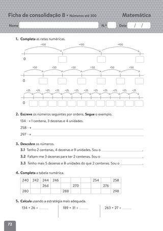 72
Nome N.º Data
Matemática
Ficha de consolidação 8 • Números até 300
1. Completa as retas numéricas.
0
+50 +50 +50 +50 +50 +50
0
+25 +25 +25 +25 +25 +25 +25 +25 +25 +25 +25 +25
2. Escreve os números seguintes por ordens. Segue o exemplo.
134 1 centena, 3 dezenas e 4 unidades.
258
297
3. Descobre os números.
3.1 Tenho 2 centenas, 4 dezenas e 9 unidades. Sou o .
3.2 Faltam-me 3 dezenas para ter 2 centenas. Sou o .
3.3 Tenho mais 5 dezenas e 8 unidades do que 2 centenas. Sou o .
4. Completa a tabela numérica.
240 242 244 246 254 258
264 270 276
280 288 298
5. Calcula usando a estratégia mais adequada.
134 + 26 = 189 + 31 = 263 + 27 =
0
+100 +100 +100
 
