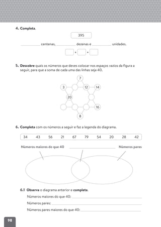 98
4. Completa.
5. Descobre quais os números que deves colocar nos espaços vazios da figura a
seguir, para que a soma de cada uma das linhas seja 40.
6. Completa com os números a seguir e faz a legenda do diagrama.
Números maiores do que 40 Números pares
6.1 Observa o diagrama anterior e completa.
Números maiores do que 40:
Números pares:
Números pares maiores do que 40:
395
centenas, dezenas e unidades.
+ +
3
7
8
20
12 14
16
34 43 56 21 67 79 54 20 28 42
 