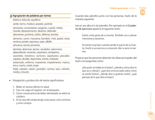 Guía del alfabetizador 
109 
g) Agrupación de palabras por temas 
balance, báscula, equilibrio 
verde, tierno, maduro, pasado, podrido 
almirante, comandante, sargento, cuartel, militar, 
mando, destacamiento, desertor, defender 
detonante, puntería, cañón, defensa, bomba 
alimento, carne, manzana, bombón, miel, pastel, torta, 
verdura, pozole, espinaca, sope, alfalfa 
almuerzo, tamal, pimienta 
dentista, detective, doctor, vendedor, veterinario, 
dependiente, sirviente, carpintero, campesino 
sacerdote, mecánico, carnicero, sepulturero, pescador, 
capataz, alcalde, deportista, artista, malvado 
tartamudo, enfermo, impotente, impedimento, manco, 
terco, tuerto, sordo, torpe 
falda, calzado, calzón, pantalón, camisa, saco, calcetín, 
media, cinturón 
• Integración y producción de textos significativos. 
1. Beber en exceso afecta mi salud. 
2. Casi me caigo al tropezar con la banqueta. 
3. Como consecuencia de beber demasiado se volvió al-cohólico. 
4. En la casa del campo tengo unas vacas, unos cochinos 
y unos conejos. 
Ficha 
14 
Palabra generadora cantina 
Cuando leas párrafos junto con las personas, hazlo de la 
manera siguiente: 
Lee en voz alta el o los párrafos. Por ejemplo en el Cuader-no 
de ejercicios aparece el siguiente texto: 
Carlos corta peras de su huerta. También va a cultivar 
manzanas y duraznos. 
Se siente muy bien cuando vende lo que le da su huer-ta. 
Invitó a sus vecinos a conocerla. Van a venir el vier-nes. 
Propicia que las personas detecten las ideas principales del 
texto con preguntas como: 
¿De quién se habla en el texto?, ¿dónde y cómo dice lo 
que va a cultivar?, ¿qué dice el enunciado sobre cómo 
se siente Carlos?, ¿dónde dice a quiénes invitó?, ¿qué 
piensas de lo que dice el texto? 
 