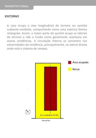 A casa ocupa o eixo longitudinal do terreno no sentido sudoeste-nordeste, comportando como uma extensa lâmina retangular. Assim, a maior parte do quintal ocupa as laterais do terreno e não o fundo como geralmente acontecia em outras residências. A circulação interna se concentra nas extremidades da residência, principalmente, na lateral direita onde está o sistema de rampas. 
PARÂMETRO FORMAL 
ENTORNO 
Área ocupada 
Recuo  