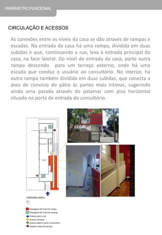 PARÂMETRO FUNCIONAL 
CIRCULAÇÃO E ACESSOS 
As conexões entre os níveis da casa se dão através de rampas e escadas. Na entrada da casa há uma rampa, dividida em duas subidas e que, continuando a rua, leva à entrada principal da casa, na face lateral. Do nível de entrada da casa, parte outra rampa descendo para um terraço externo, onde há uma escada que conduz o usuário ao consultório. No interior, há outra rampa também dividida em duas subidas, que conecta a área de convívio do pátio às partes mais íntimas, sugerindo ainda uma parada através do patamar com piso horizontal situado na porta de entrada do consultório.  