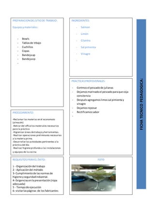 PREPARACION DELSITIODE TRABAJO:
Equiposymateriales:
- Bowls
- Tablasde trbajo
- Cuchillos
- Copas
- Bandejaap
- Bandejaep
-
FICHATECNICOPEDAGOGICA:
INGREDIENTES:
- Salmon
- Limón
- Cilantro
- Sal pimienta
- Vinagre
-
PROCEDIMIENTO:
-Reclamar las materias en el economato
(almacén)
-Retirar del officelos materiales necesarios
para la práctica
-Higienizar áreas detrabajo y herramientas.
-Realizar operaciones preliminares necesarias
a la materia prima.
-Desarrollar lasactividades pertinentes a la
práctica del día.
-Realizar higieneprofunda a las instalaciones
y equipos de la cocina
REQUISITOSPARA EL ÉXITO:
1 - Organizacióndel trabajo
2 - Aplicacióndel método
3- Cumplimientode lasnormasde
higiene yseguridadindustrial.
4- Exigenciasenlapresentación(ropa
adecuada)
5 - Tiempode ejecución
6- visitarlaspáginas de losfabricantes
FOTO
PRACTICASPROFESIONALES:
- Cortmosel pescadode julianas
- Dejamosmarinadoel pescadoparaque coja
consitencia
- Despuésagregamoslimossal pimientay
vinagre
- Dejamosreposar
- Rectificamossabor
-
 