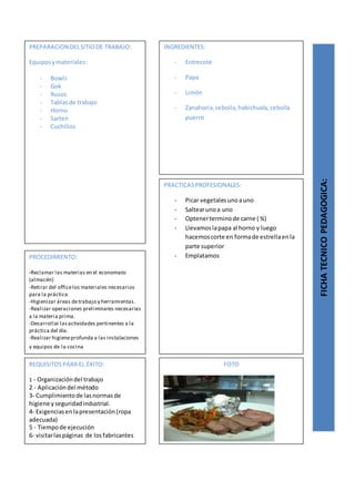 PREPARACION DELSITIODE TRABAJO:
Equiposymateriales:
- Bowls
- Gok
- Rusos
- Tablasde trabajo
- Horno
- Sarten
- Cuchillos
FICHATECNICOPEDAGOGICA:
INGREDIENTES:
- Entrecote
- Papa
- Limón
- Zanahoria,cebolla,habichuela,cebolla
puerro
PROCEDIMIENTO:
-Reclamar las materias en el economato
(almacén)
-Retirar del officelos materiales necesarios
para la práctica
-Higienizar áreas detrabajo y herramientas.
-Realizar operaciones preliminares necesarias
a la materia prima.
-Desarrollar lasactividades pertinentes a la
práctica del día.
-Realizar higieneprofunda a las instalaciones
y equipos de la cocina
REQUISITOSPARA EL ÉXITO:
1 - Organizacióndel trabajo
2 - Aplicacióndel método
3- Cumplimientode lasnormasde
higiene yseguridadindustrial.
4- Exigenciasenlapresentación(ropa
adecuada)
5 - Tiempode ejecución
6- visitarlaspáginas de losfabricantes
FOTO
PRACTICASPROFESIONALES:
- Picar vegetalesunoauno
- Saltearunoa uno
- Optenerterminode carne ( ¾)
- Llevamoslapapa al horno y luego
hacemoscorte en formade estrellaenla
parte superior
- Emplatamos
 