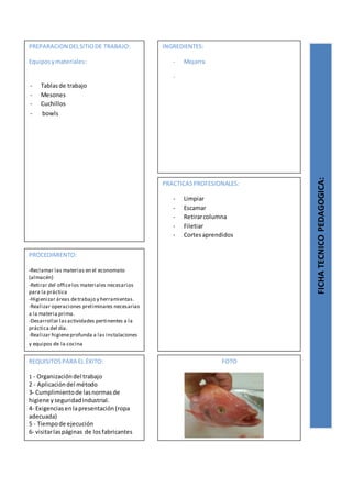 PREPARACION DELSITIODE TRABAJO:
Equiposymateriales:
- Tablasde trabajo
- Mesones
- Cuchillos
- bowls
FICHATECNICOPEDAGOGICA:
INGREDIENTES:
- Mojarra
-
PROCEDIMIENTO:
-Reclamar las materias en el economato
(almacén)
-Retirar del officelos materiales necesarios
para la práctica
-Higienizar áreas detrabajo y herramientas.
-Realizar operaciones preliminares necesarias
a la materia prima.
-Desarrollar lasactividades pertinentes a la
práctica del día.
-Realizar higieneprofunda a las instalaciones
y equipos de la cocina
REQUISITOSPARA EL ÉXITO:
1 - Organizacióndel trabajo
2 - Aplicacióndel método
3- Cumplimientode lasnormasde
higiene yseguridadindustrial.
4- Exigenciasenlapresentación(ropa
adecuada)
5 - Tiempode ejecución
6- visitarlaspáginas de losfabricantes
FOTO
PRACTICASPROFESIONALES:
- Limpiar
- Escamar
- Retirarcolumna
- Filetiar
- Cortesaprendidos
 