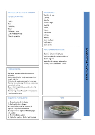 PREPARACION DELSITIODE TRABAJO:
Equiposymateriales:
Estufa
Ruso
Cuchillos
Bowl
Tabla para picar
Cuchara de servicio
Ollasde servicio
FICHATECNICOPEDAGOGICA:
INGREDIENTES:
Costillade res
Librillo
Murillo
cebollalarga
alverja
habas
nabos
zanahoria
cubios
acelga
papa pastusa
maíz porra
papa criolla
PROCEDIMIENTO:
-Reclamar las materias en el economato
(almacén)
-Retirar del officelos materiales necesarios
para la práctica
-Higienizar áreas detrabajo y herramientas.
-Realizar operaciones preliminares necesarias
a la materia prima.
-Desarrollar lasactividades pertinentes a la
práctica del día.
-Realizar higieneprofunda a las instalaciones
y equipos de la cocina
REQUISITOSPARA EL ÉXITO:
1 - Organizacióndel trabajo
2 - Aplicacióndel método
3- Cumplimientode lasnormasde
higiene yseguridadindustrial.
4- Exigenciasenlapresentación(ropa
adecuada)
5 - Tiempode ejecución
6- visitarlaspáginas de losfabricantes
FOTO
PRACTICASPROFESIONALES:
Buenoscortesenbronuise
Buenmanejode lasherramientas
Buenahigiene
Métodosde cocción adecuados
Manejoadecuadode las carnes
 