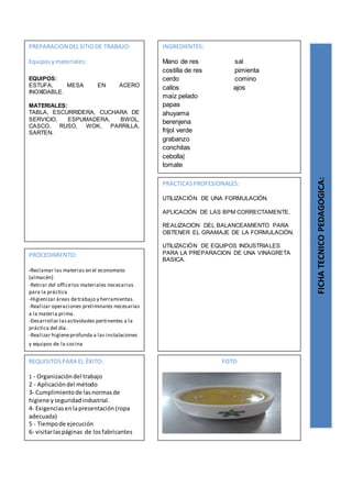 PREPARACION DELSITIODE TRABAJO:
Equiposymateriales:
EQUIPOS:
ESTUFA, MESA EN ACERO
INOXIDABLE.
MATERIALES:
TABLA, ESCURRIDERA, CUCHARA DE
SERVICIO, ESPUMADERA, BWOL,
CASCO, RUSO, WOK, PARRILLA,
SARTEN.
FICHATECNICOPEDAGOGICA:
INGREDIENTES:
Mano de res sal
costilla de res pimienta
cerdo comino
callos ajos
maíz pelado
papas
ahuyama
berenjena
frijol verde
grabanzo
conchitas
cebolla|
tomate
PROCEDIMIENTO:
-Reclamar las materias en el economato
(almacén)
-Retirar del officelos materiales necesarios
para la práctica
-Higienizar áreas detrabajo y herramientas.
-Realizar operaciones preliminares necesarias
a la materia prima.
-Desarrollar lasactividades pertinentes a la
práctica del día.
-Realizar higieneprofunda a las instalaciones
y equipos de la cocina
REQUISITOSPARA EL ÉXITO:
1 - Organizacióndel trabajo
2 - Aplicacióndel método
3- Cumplimientode lasnormasde
higiene yseguridad industrial.
4- Exigenciasenlapresentación(ropa
adecuada)
5 - Tiempode ejecución
6- visitarlaspáginas de losfabricantes
FOTO
PRACTICASPROFESIONALES:
UTILIZACIÓN DE UNA FORMULACIÓN.
APLICACIÓN DE LAS BPM CORRECTAMENTE.
REALIZACION DEL BALANCEAMIENTO PARA
OBTENER EL GRAMAJE DE LA FORMULACIÓN.
UTILIZACIÓN DE EQUIPOS INDUSTRIALES
PARA LA PREPARACION DE UNA VINAGRETA
BASICA.
 